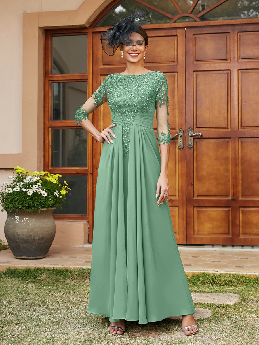 A-Line/Princess Long Evening Dresses with Lace Appliques & Half Sleeves