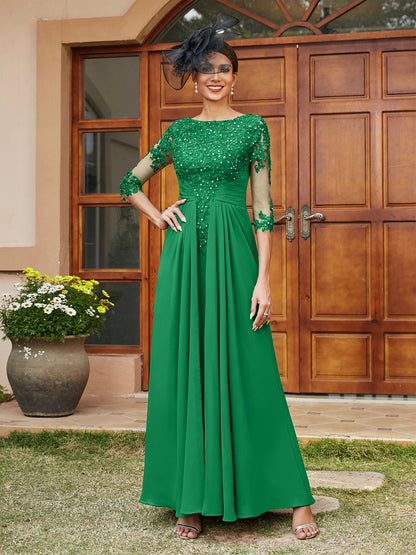 A-Line/Princess Long Evening Dresses with Lace Appliques & Half Sleeves