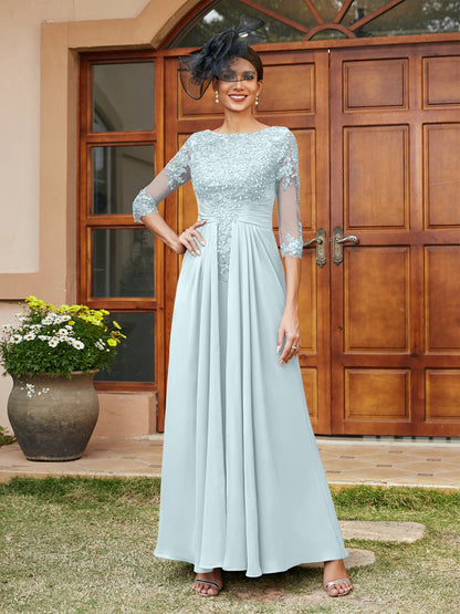 A-Line/Princess Long Evening Dresses with Lace Appliques & Half Sleeves