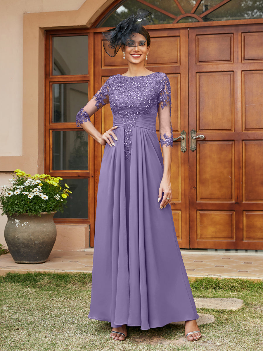 A-Line/Princess Long Evening Dresses with Lace Appliques & Half Sleeves