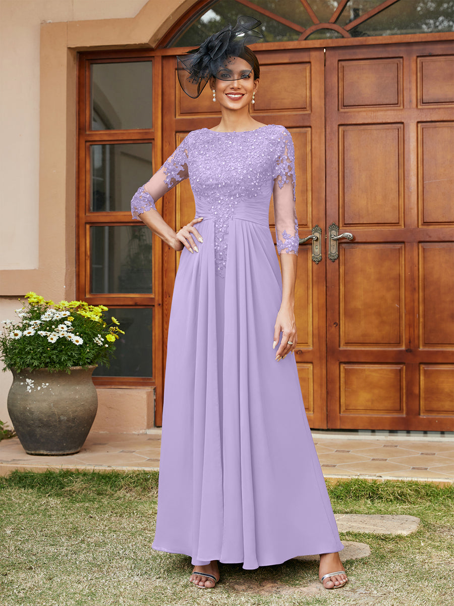 A-Line/Princess Long Evening Dresses with Lace Appliques & Half Sleeves