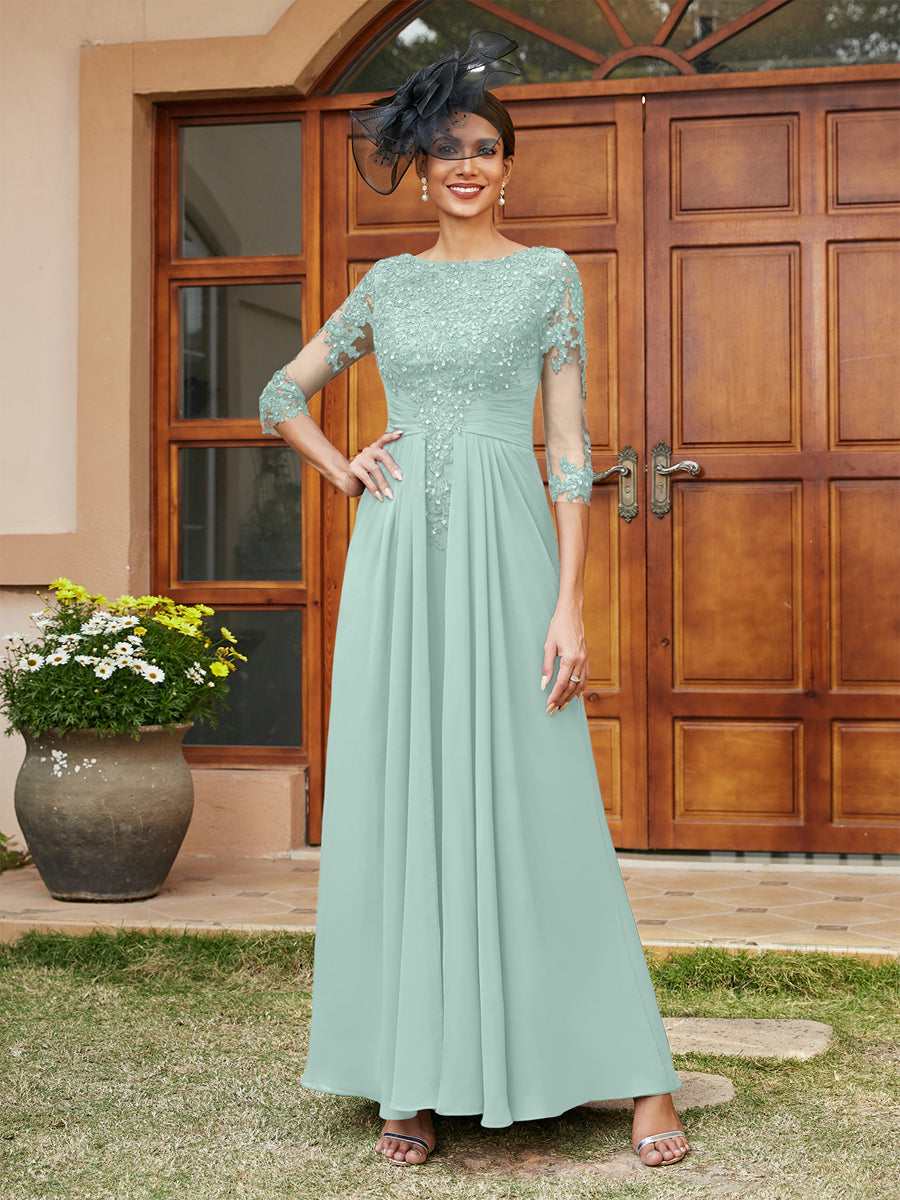 A-Line/Princess Long Evening Dresses with Lace Appliques & Half Sleeves