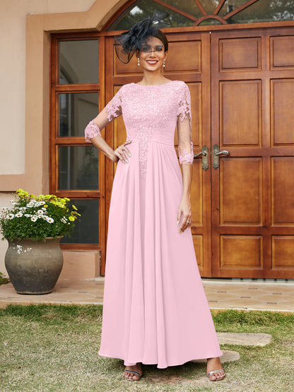 A-Line/Princess Long Evening Dresses with Lace Appliques & Half Sleeves