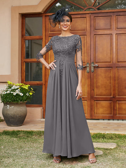 A-Line/Princess Long Evening Dresses with Lace Appliques & Half Sleeves