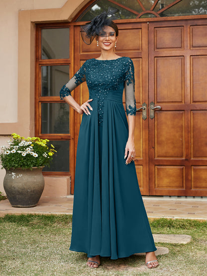 A-Line/Princess Long Evening Dresses with Lace Appliques & Half Sleeves