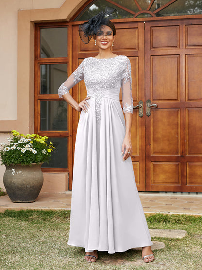 A-Line/Princess Long Evening Dresses with Lace Appliques & Half Sleeves