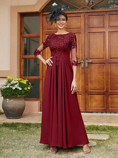 A-Line/Princess Long Evening Dresses with Lace Appliques & Half Sleeves