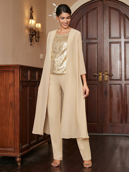 Chiffon Scoop 3/4 Sleeves 3 Pieces Pantsuits with Sequins & Jacket