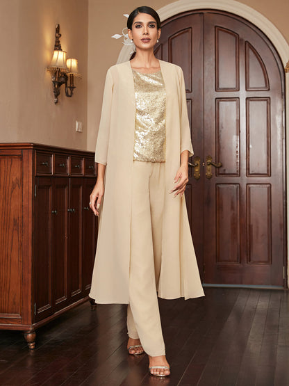 Chiffon Scoop 3/4 Sleeves 3 Pieces Pantsuits with Sequins & Jacket