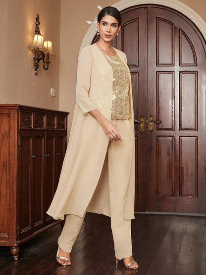 Chiffon Scoop 3/4 Sleeves 3 Pieces Pantsuits with Sequins & Jacket