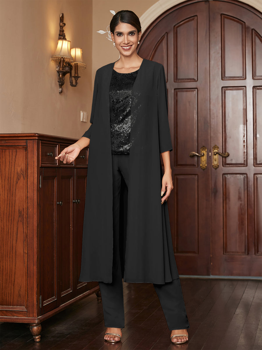 Chiffon Scoop 3/4 Sleeves 3 Pieces Pantsuits with Sequins & Jacket