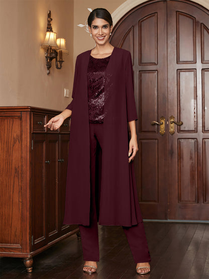 Chiffon Scoop 3/4 Sleeves 3 Pieces Pantsuits with Sequins & Jacket