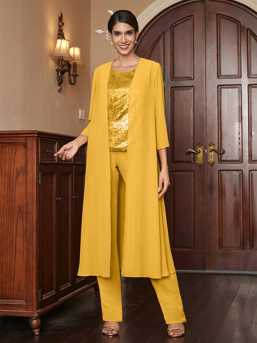 Chiffon Scoop 3/4 Sleeves 3 Pieces Pantsuits with Sequins & Jacket