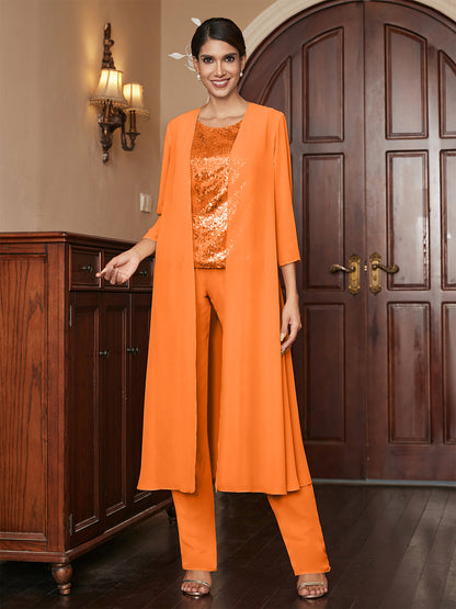 Chiffon Scoop 3/4 Sleeves 3 Pieces Pantsuits with Sequins & Jacket