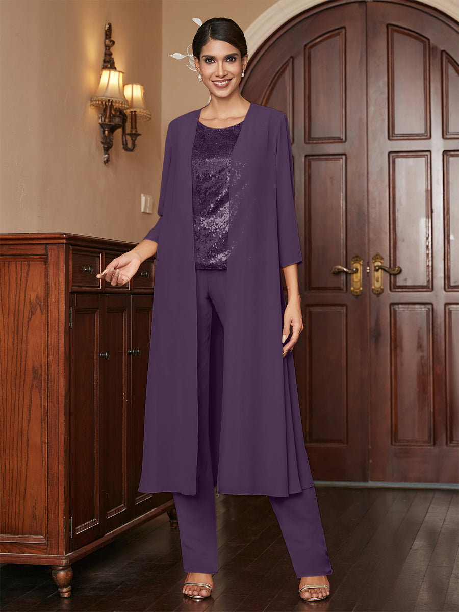 Chiffon Scoop 3/4 Sleeves 3 Pieces Pantsuits with Sequins & Jacket