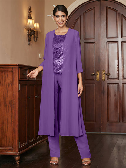 Chiffon Scoop 3/4 Sleeves 3 Pieces Pantsuits with Sequins & Jacket