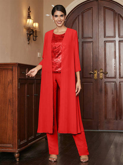 Chiffon Scoop 3/4 Sleeves 3 Pieces Pantsuits with Sequins & Jacket