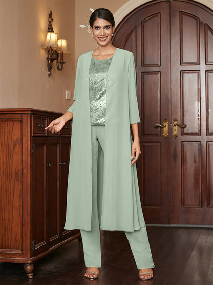 Chiffon Scoop 3/4 Sleeves 3 Pieces Pantsuits with Sequins & Jacket