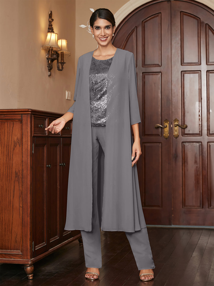 Chiffon Scoop 3/4 Sleeves 3 Pieces Pantsuits with Sequins & Jacket