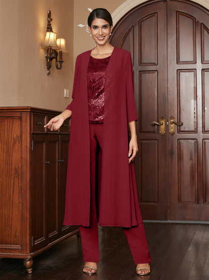 Chiffon Scoop 3/4 Sleeves 3 Pieces Pantsuits with Sequins & Jacket