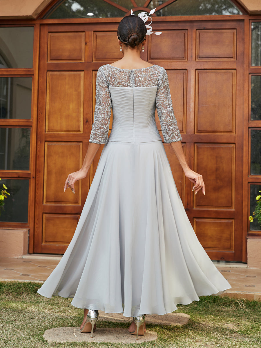 A-Line/Princess Sheer Neck Half Sleeves Long Evening Dresses with Appliques