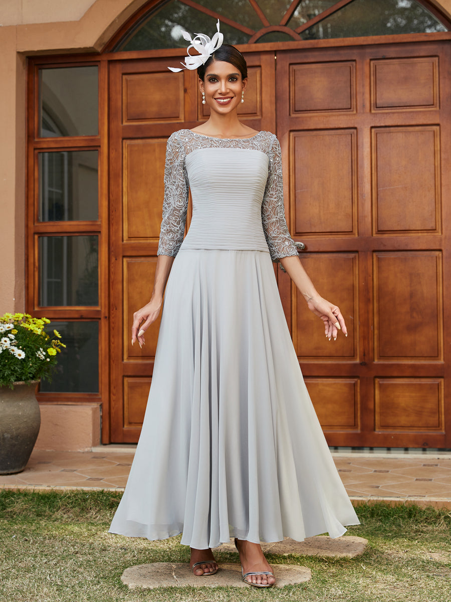 A-Line/Princess Sheer Neck Half Sleeves Long Evening Dresses with Appliques