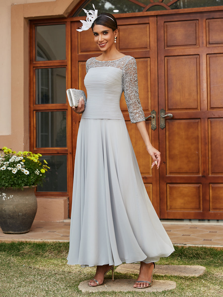 A-Line/Princess Sheer Neck Half Sleeves Long Evening Dresses with Appliques