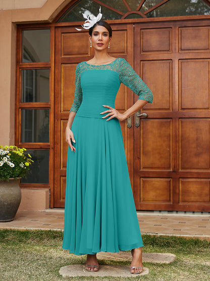 A-Line/Princess Sheer Neck Half Sleeves Long Evening Dresses with Appliques