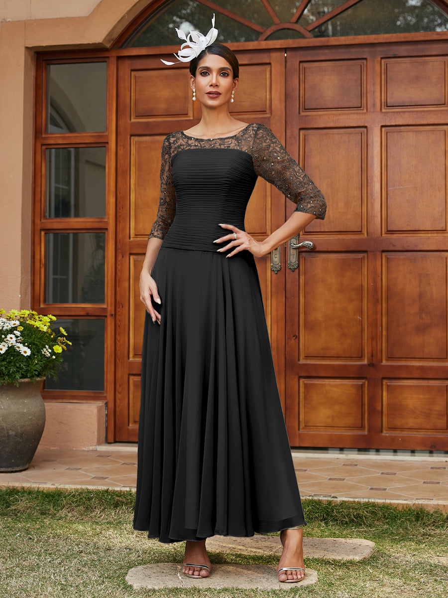 A-Line/Princess Sheer Neck Half Sleeves Long Evening Dresses with Appliques