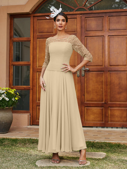 A-Line/Princess Sheer Neck Half Sleeves Long Evening Dresses with Appliques