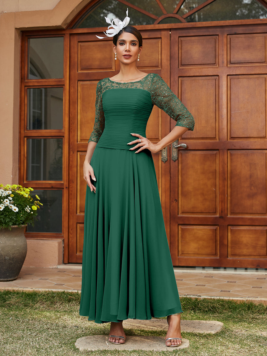 A-Line/Princess Sheer Neck Half Sleeves Long Evening Dresses with Appliques