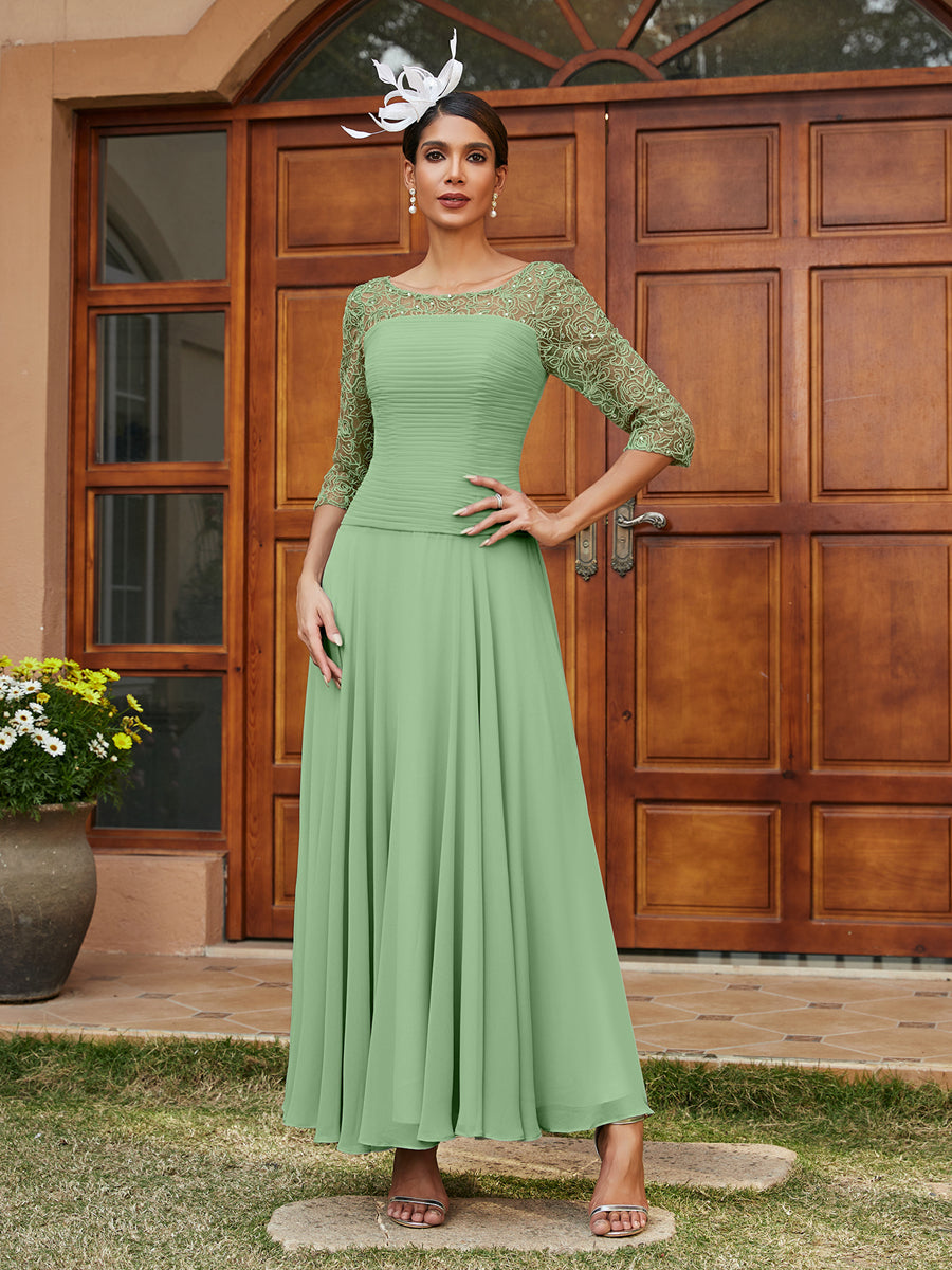 A-Line/Princess Sheer Neck Half Sleeves Long Evening Dresses with Appliques