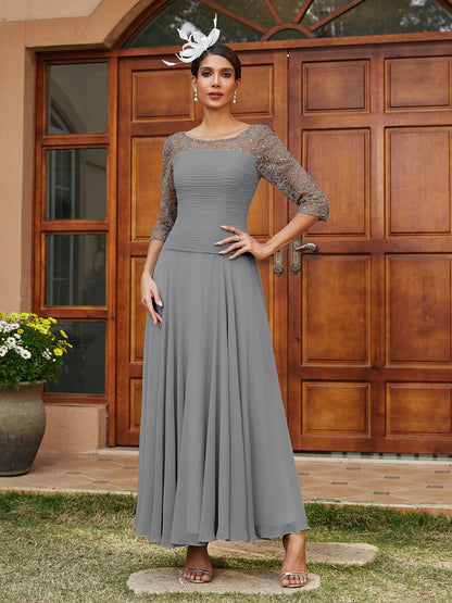 A-Line/Princess Sheer Neck Half Sleeves Long Evening Dresses with Appliques