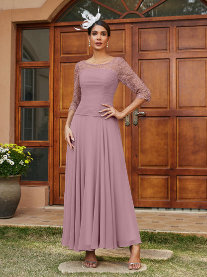 A-Line/Princess Sheer Neck Half Sleeves Long Evening Dresses with Appliques