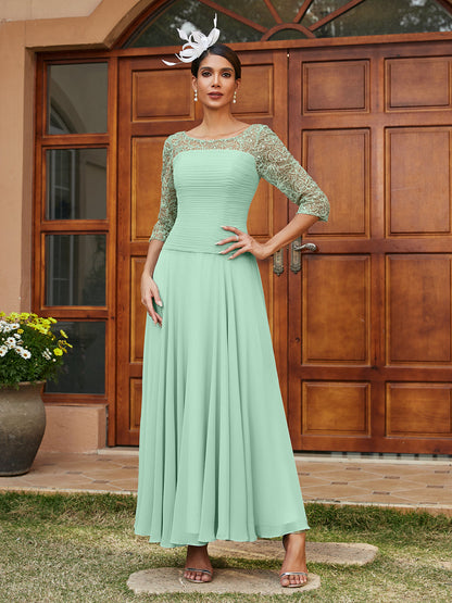 A-Line/Princess Sheer Neck Half Sleeves Long Evening Dresses with Appliques