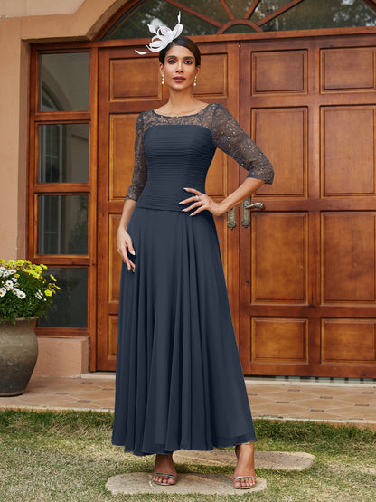 A-Line/Princess Sheer Neck Half Sleeves Long Evening Dresses with Appliques