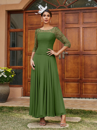 A-Line/Princess Sheer Neck Half Sleeves Long Evening Dresses with Appliques