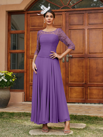 A-Line/Princess Sheer Neck Half Sleeves Long Evening Dresses with Appliques