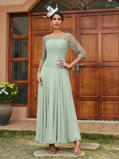 A-Line/Princess Sheer Neck Half Sleeves Long Evening Dresses with Appliques