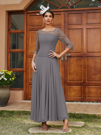 A-Line/Princess Sheer Neck Half Sleeves Long Evening Dresses with Appliques