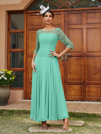 A-Line/Princess Sheer Neck Half Sleeves Long Evening Dresses with Appliques