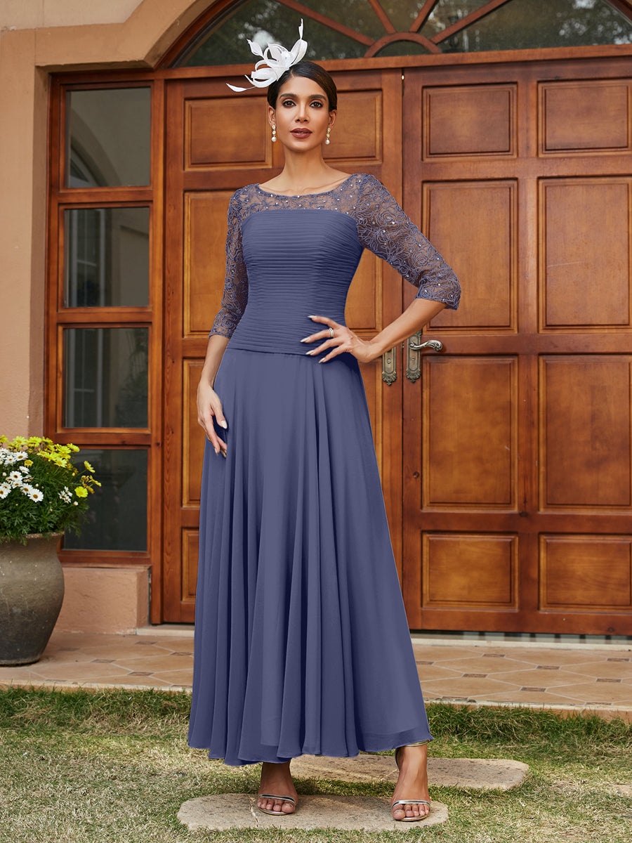 A-Line/Princess Sheer Neck Half Sleeves Long Evening Dresses with Appliques