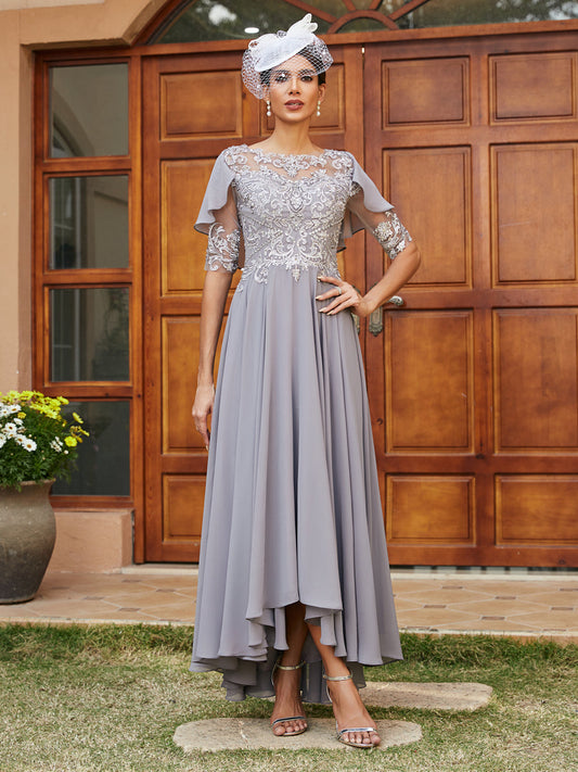 A-Line/Princess Sheer Neck Half Sleeves Long Evening Dresses with Appliques