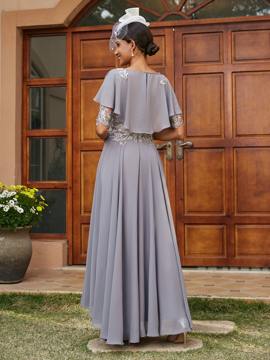 A-Line/Princess Sheer Neck Half Sleeves Long Evening Dresses with Appliques