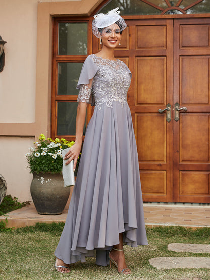 A-Line/Princess Sheer Neck Half Sleeves Long Evening Dresses with Appliques