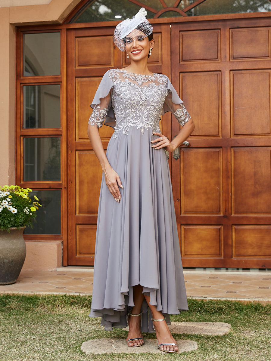 A-Line/Princess Sheer Neck Half Sleeves Long Evening Dresses with Appliques