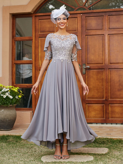 A-Line/Princess Sheer Neck Half Sleeves Long Evening Dresses with Appliques