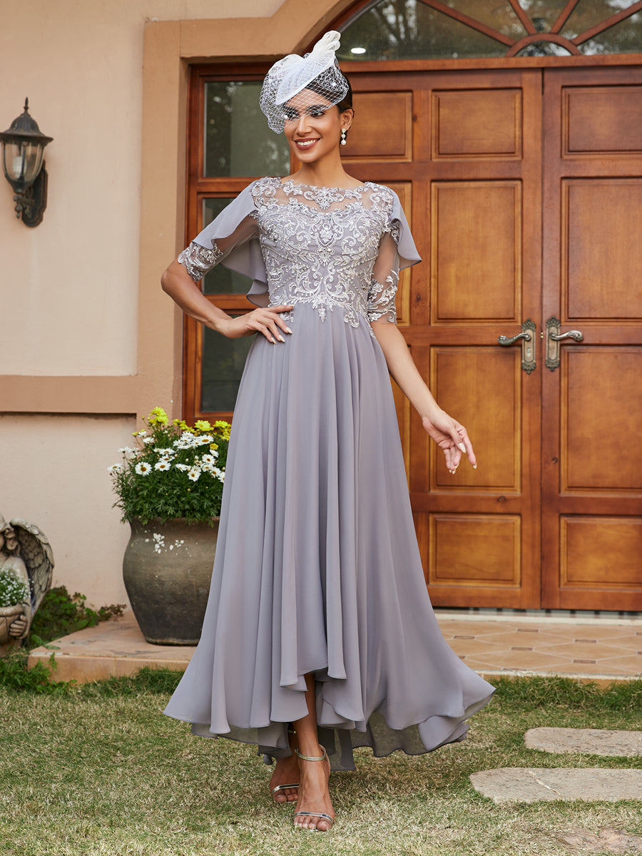 A-Line/Princess Sheer Neck Half Sleeves Long Evening Dresses with Appliques