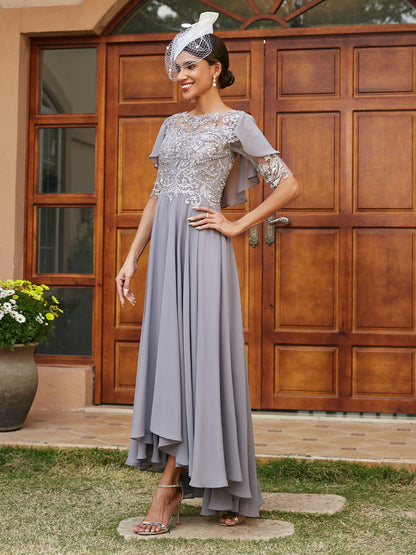 A-Line/Princess Sheer Neck Half Sleeves Long Evening Dresses with Appliques