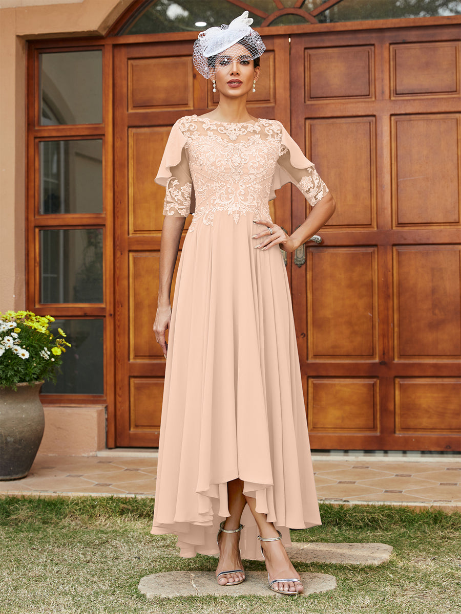 A-Line/Princess Sheer Neck Half Sleeves Long Evening Dresses with Appliques